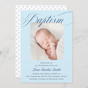 Elegant Dusty Blue Pastel Script Baptism Photo Inv Kaart