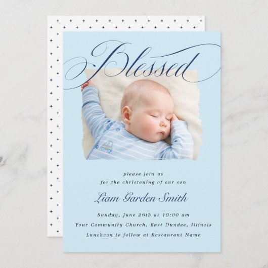 Elegant Dusty Blue Pastel Script Baptisme Foto Kaart (Voorkant / Achterkant)