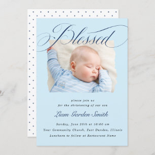 Elegant Dusty Blue Pastel Script Baptisme Foto Kaart