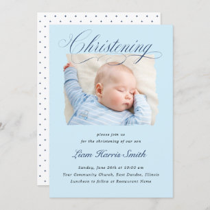 Elegant Dusty Blue Pastel Script Baptisme Photo Bo Kaart