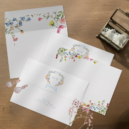 Elegant Dusty Blue Pastel Wildflower Crest Wedding Envelop