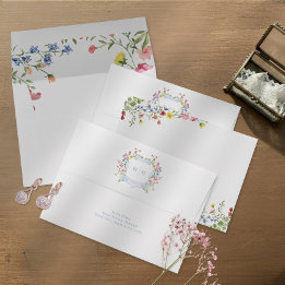Elegant Dusty Blue Pastel Wildflower Crest Wedding Envelop