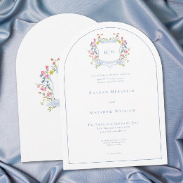 Elegant Dusty Blue Pastel Wildflower Crest Wedding Kaart