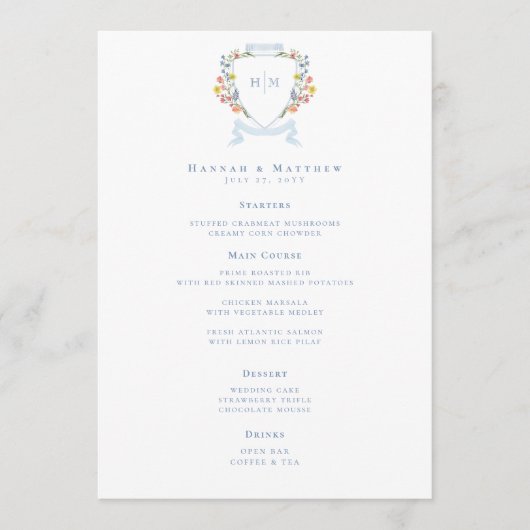 Elegant Dusty Blue Pastel Wildflower Crest Wedding Menu (Voorkant)
