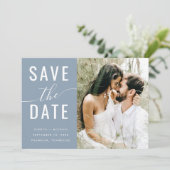 Elegant Dusty Blue Photo Typography Qr Code Script Save The Date (Staand voorkant)