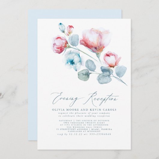 Elegant Dusty Blue Pink Floral Evening Reception Kaart (Voorkant / Achterkant)