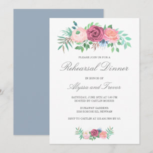 Elegant Dusty Blue Pink Floral Rehearsal Dinner Kaart