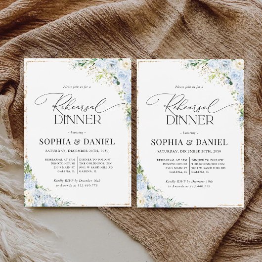 Elegant Dusty Blue Rehearsal Dinner Invitation Kaart