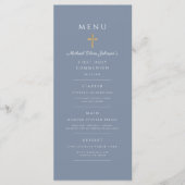 Elegant Dusty Blue Religious Cross First Communion Menu (Voorkant)