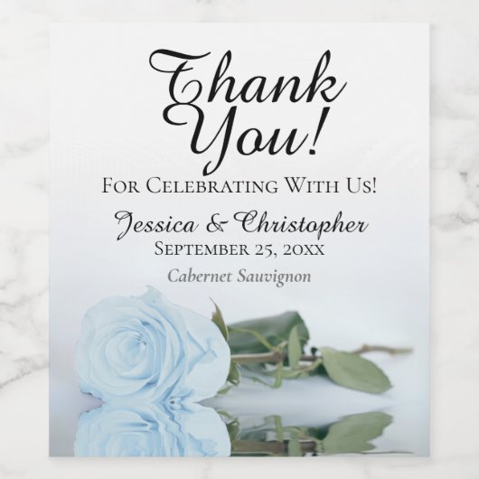 Elegant Dusty Blue Roos Weddenschap Bedankt Wijn Etiket (Enkel label)