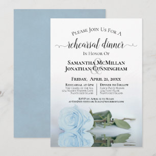 Elegant Dusty Blue Roos Wedding Rehearsal Dinner Kaart