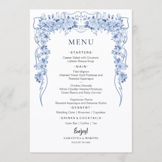 Elegant Dusty Blue Roses Bow Wedding Menu  (Devant)