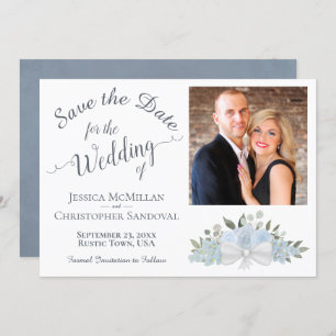 Elegant Dusty Blue Rozen Calligraphy Photo Wedding Save The Date