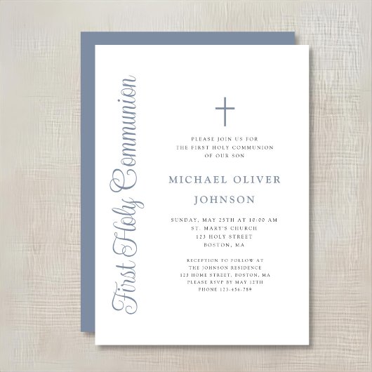 Elegant Dusty Blue Script Boy First Communion Kaart