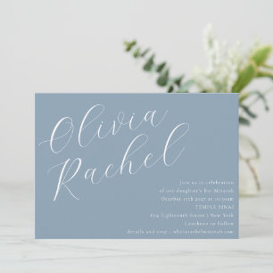 Elegant Dusty Blue Script Naam Minimal Bat Mitzvah Kaart
