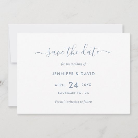 Elegant Dusty Blue Script Wedding Save the Date (Voorkant)