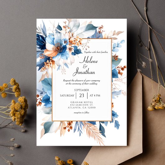 Elegant Dusty Blue Silver Terracotta Boho Wedding Kaart