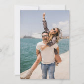 Elegant Dusty Blue Stripe Script Photo Weddenschap Kaart (Achterkant)