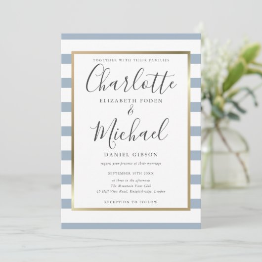 Elegant Dusty Blue Stripe Script Weddenschap Kaart (Staand voorkant)