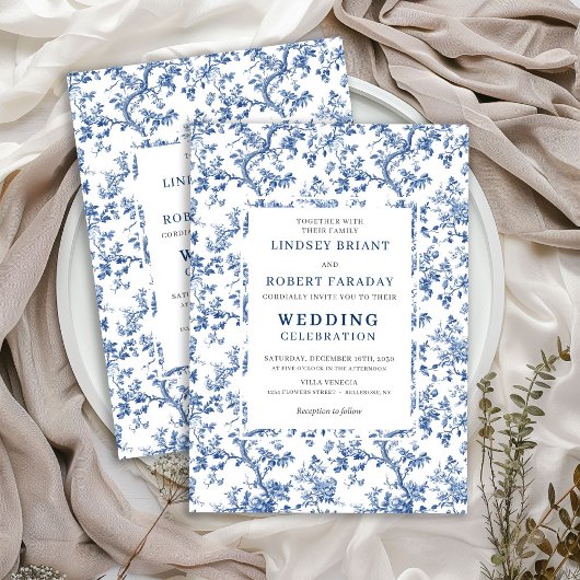 Elegant Dusty Blue Toile Floral Wedding Invitation Kaart