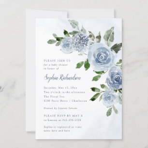 Elegant Dusty Blue Waterverf Floral Baby shower Kaart