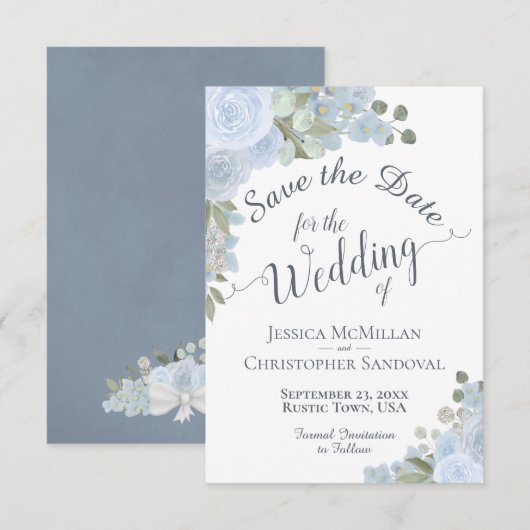 Elegant Dusty Blue Waterverf Floral Boho Wedding Save The Date (Voorkant / Achterkant)