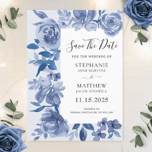 Elegant Dusty Blue Waterverf Floral Wedding Save The Date