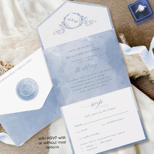 Elegant Dusty Blue Waterverf Monogram Weddenschap  All In One Uitnodiging
