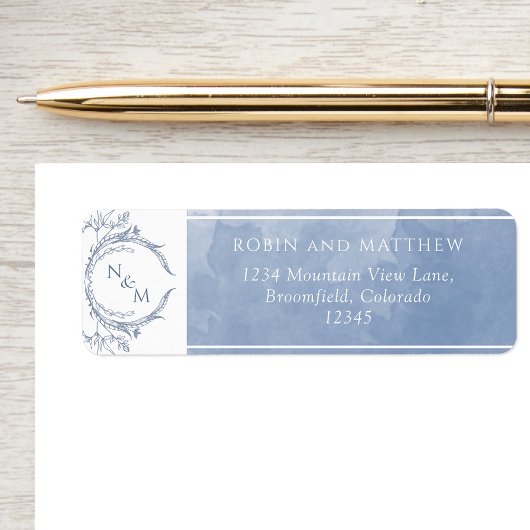 Elegant Dusty Blue Waterverf, Monogram Wedding L Etiket