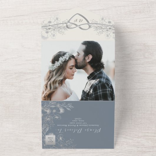 Elegant Dusty Blue Weddenschap in één uitnodiging (Buitenkant)
