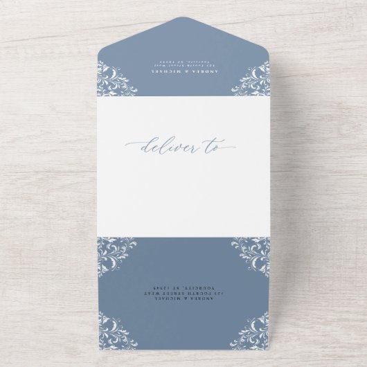 Elegant  Dusty Blue Wedding All In One Uitnodiging (Buitenkant)