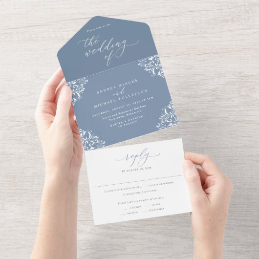 Elegant  Dusty Blue Wedding All In One Uitnodiging (Afscheurbaar)