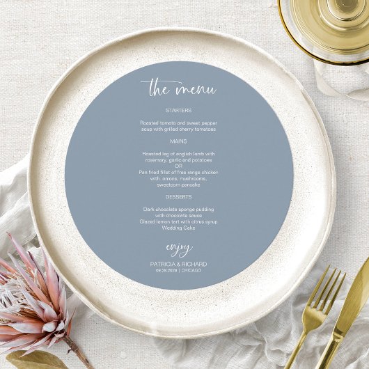 Elegant Dusty Blue Wedding Circle Menu Kaarten