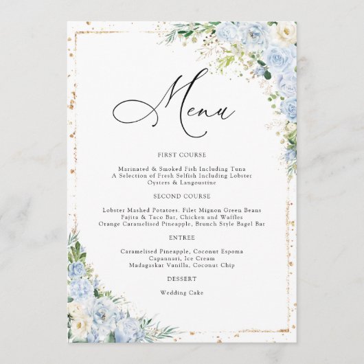 Elegant Dusty Blue Wedding Menu (Devant)