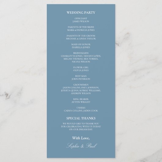 Elégant Dusty Blue Wedding Programme (Dos)