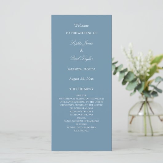 Elegant Dusty Blue Wedding Programme (Staand voorkant)