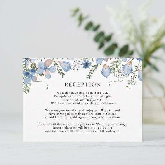 Elegant Dusty Blue Wedding Reception Informatiekaartje (Staand voorkant)