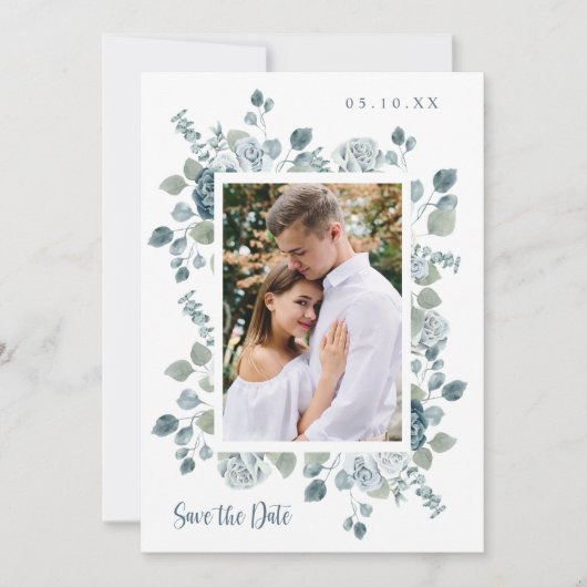 Elegant Dusty Blue Wedding Save The Date (Voorkant)
