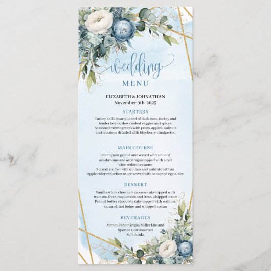 Elégant Dusty Blue White Gold Floral Mariage Menu (Devant)