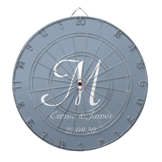 Elegant Dusty Blue White Monogram Initiaal naam Dartbord (Voorkant)