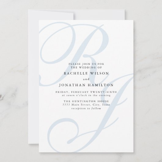 Elegant Dusty Blue White Monogram Weddenschap Kaart (Voorkant)