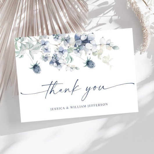 Elegant Dusty Blue Winter Foliage Boho Waterverf Bedankkaart