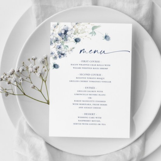 Elegant Dusty Blue Winter Foliage Wedding Menu