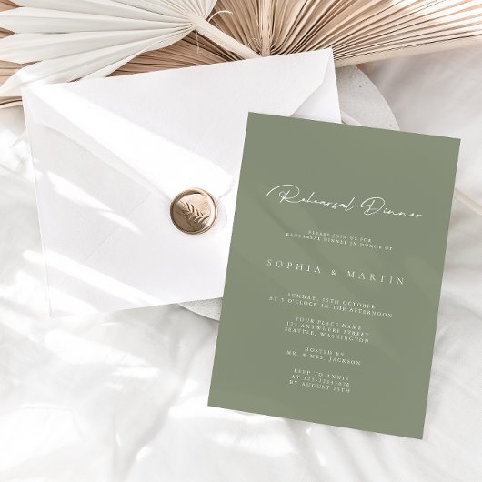 Elegant Dusty Green Calligraphy Rehearsal Dinner Kaart
