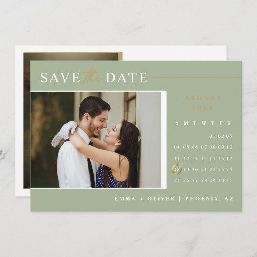 Elegant Dusty Green Gold Save the Date Calendar Kaart (Voorkant / Achterkant)