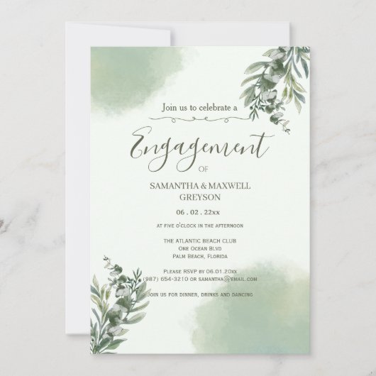 Elegant Dusty Green Script engagement Invitation (Devant)