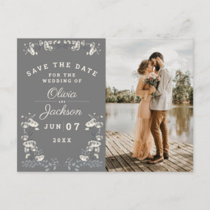 Elegant dusty grijs & witte floral save the date briefkaart