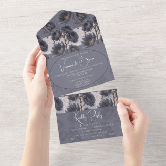 Elegant Dusty Navy Blue bruiloft Bloemen All In One Uitnodiging