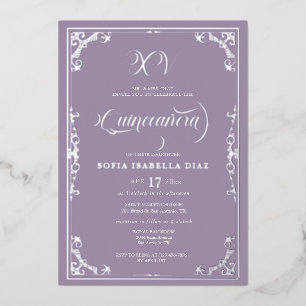 Elegant Dusty Paars Lavender Quinceañera Silver Folie Uitnodiging