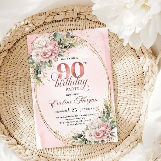 Elegant Dusty Pink Gold Greenery 90th Birthday Kaart